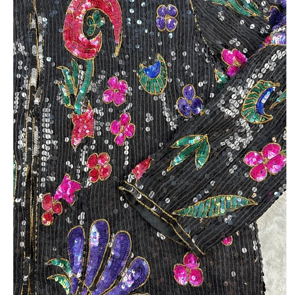 VTG Jean for Joseph Le Bon Jacket Womens XL Silk Sequin Floral Beaded Black EUC